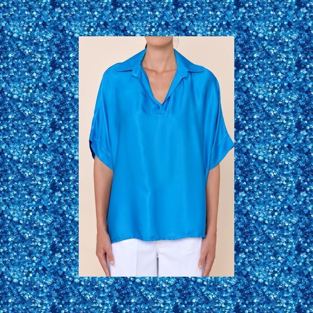Ces Femme NEW Blue Oversized Satin Collared Blouse Shirt